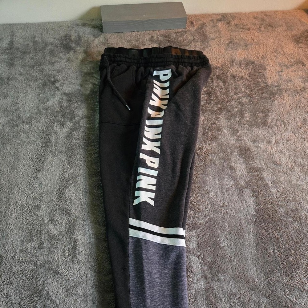 Victorias Secret PINK Black Grey Colorblock Logo Sweatpants Joggers Womens S